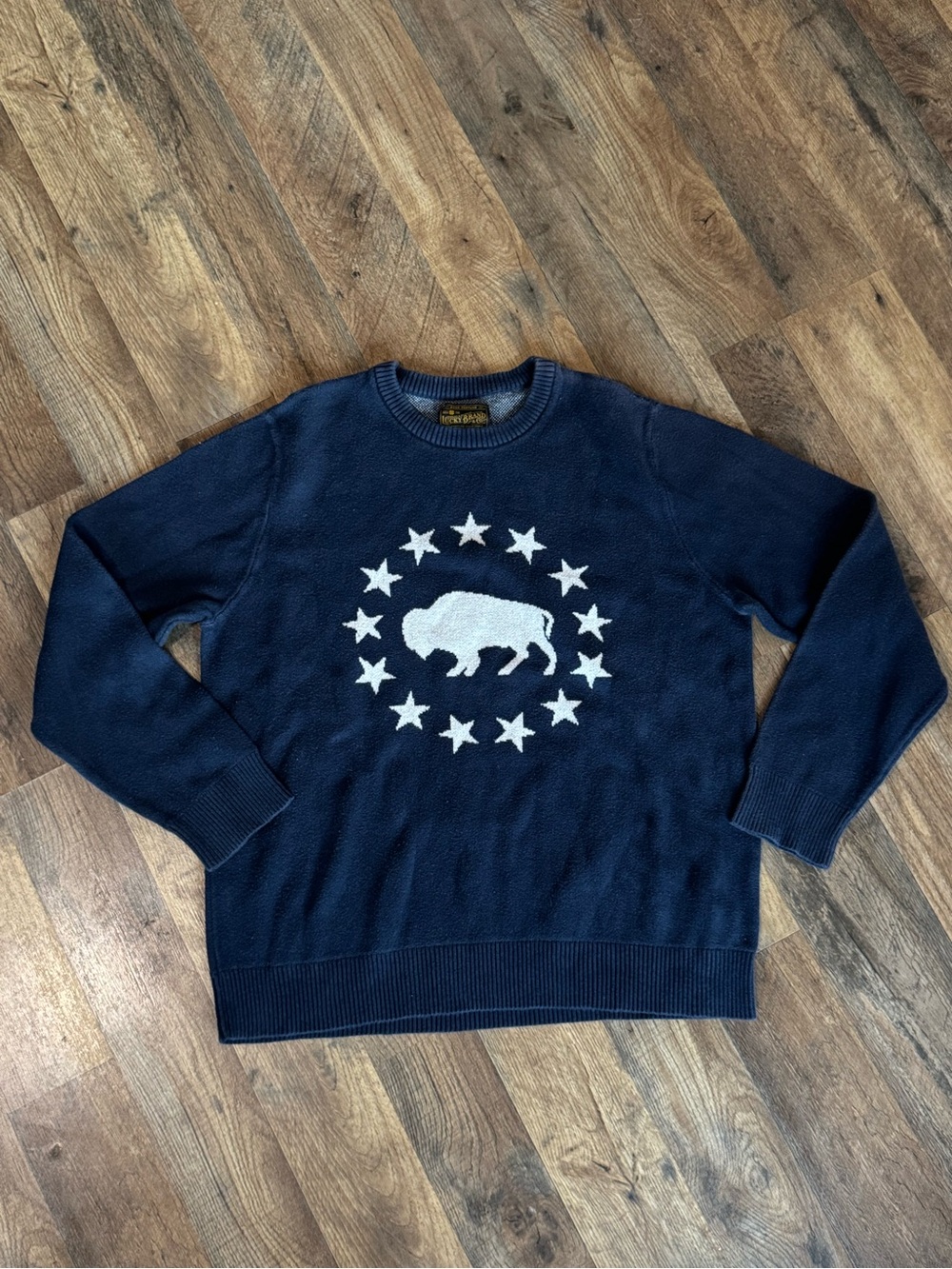 Lucky Brand Navy Crewneck Sweater with White Buffalo and Stars